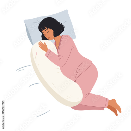  Pregnant woman sleeps peacefully with special anatomical pillow for pregnant women for comfort and health,suitable for educational materials