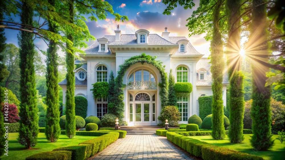 Fototapeta premium Luxurious White Mansion Double Exposure: Lush Greenery & Grand Entrance
