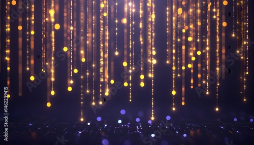 Golden light streaks and sparkles descend on a dark background, creating a luxurious and celebratory atmosphere