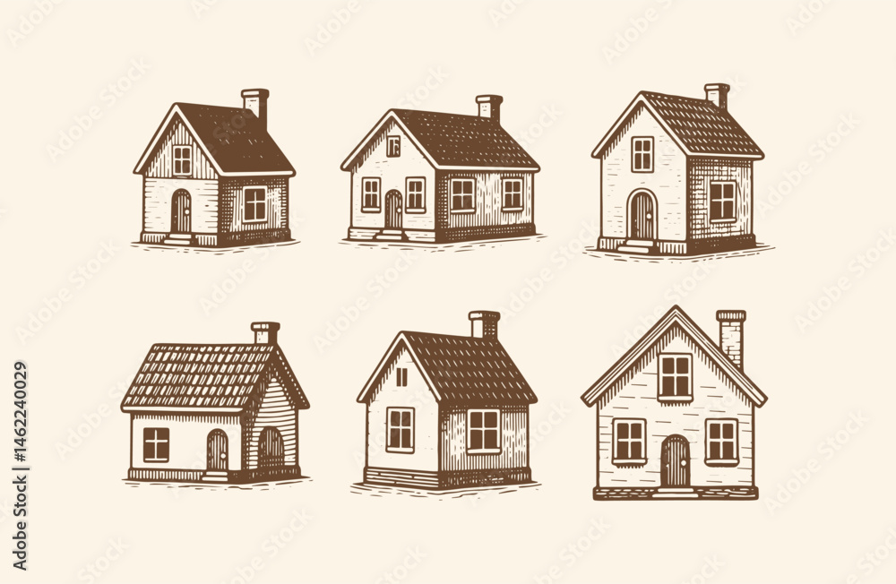 Set of house building engraving style logo design illustration Set of house building engraving style logo design illustration