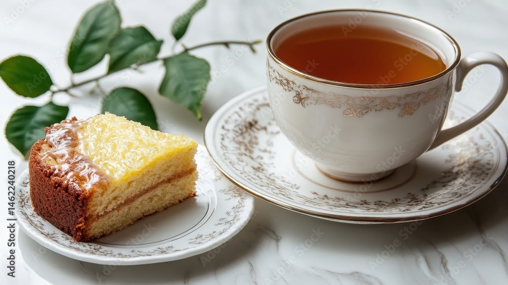 Herbal tea and lemon drizzle cake served on fine china plate Herbal tea and lemon drizzle cake served on fine china plate