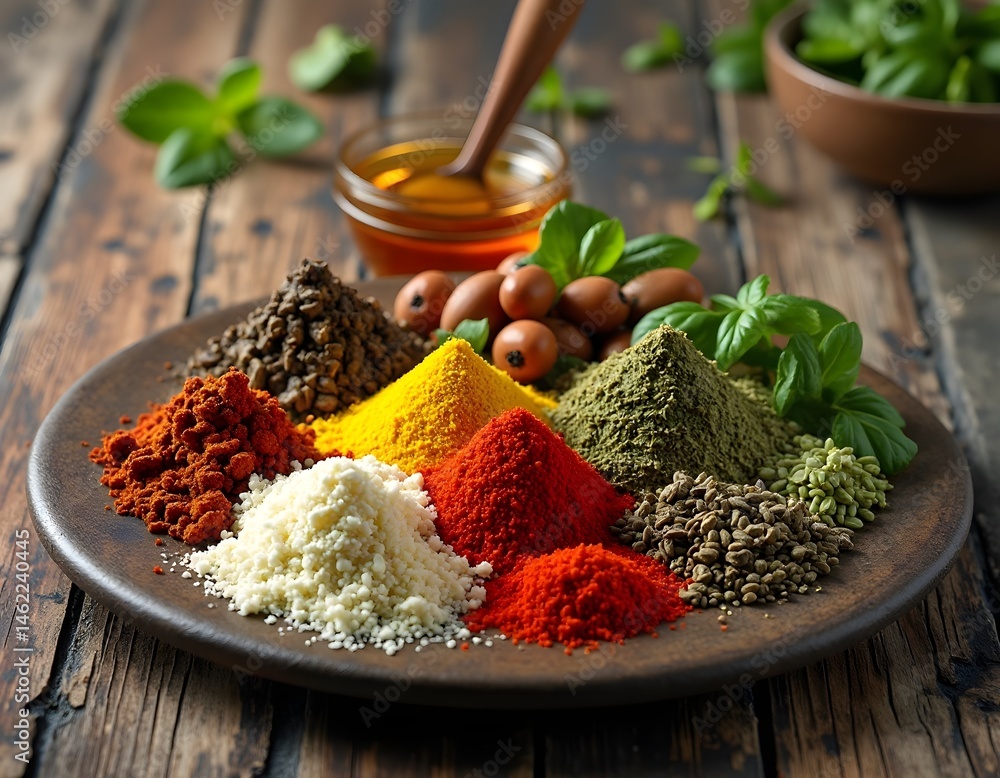 Aromatic spices in vibrant colors on a rustic wooden table. Diverse piles of ground spices with honey in background.