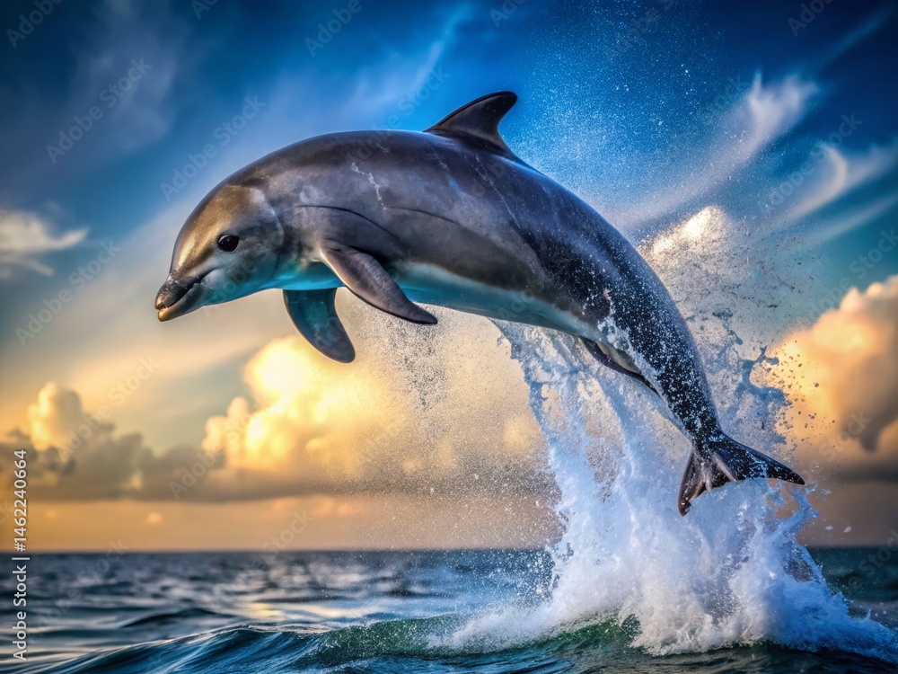 Fototapeta premium Macro Photography: Bottlenose Dolphin's Dynamic Leap, Ocean Splash, Water Droplets
