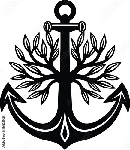 Anchor with Tree Roots Growth Symbol on White Background