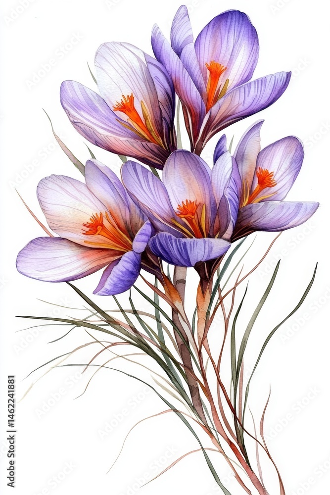 Fototapeta premium Stunning floral artwork featuring saffron crocus against a clean white canvas.