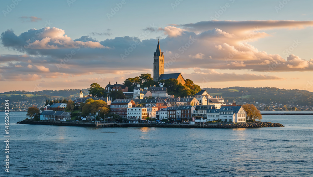 Fototapeta premium Giske island with colorful clouds during sunset, more og romsdal, norway