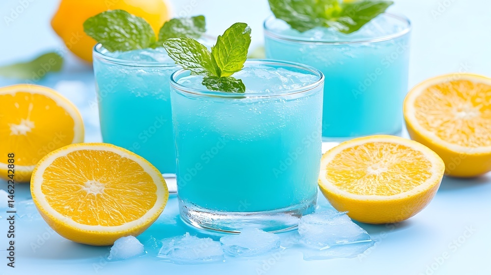Fototapeta premium Refreshing blue iced beverage garnished with mint and citrus slices
