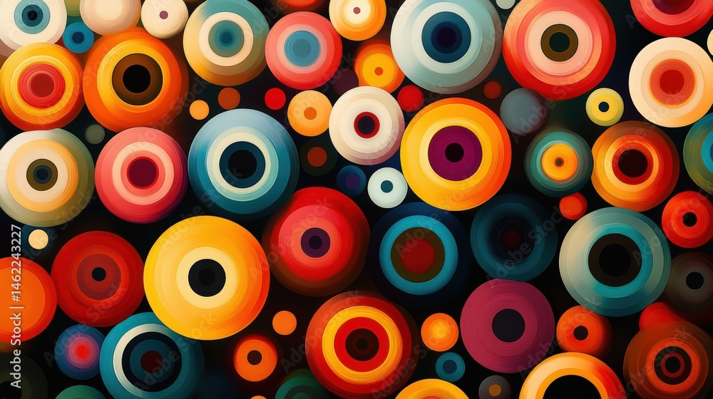 Psychedelic pattern featuring vibrant circles and stripes in a kaleidoscope of colors like green, red, orange, blue, pink, purple, yellow and white, creating an abstract. Psychedelic pattern featuring vibrant circles and stripes in a kaleidoscope of colors like green, red, orange, blue, pink, purple, yellow and white, creating an abstract.