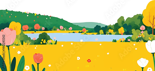 idyllic spring landscape, featuring a tranquil lake, vibrant yellow field, and colorful tulips. 