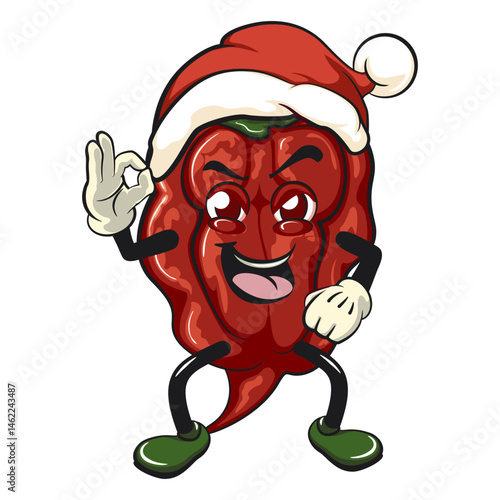 character mascot of a carolina reaper chili cartoon vector isolated clip art illustration wearing a Santa hat calmly, work of hand drawn