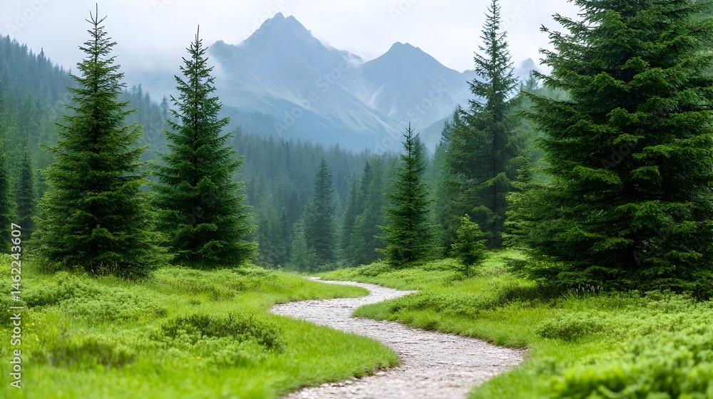 Fototapeta premium Serene mountain valley path winding through lush green forest, misty peaks in background