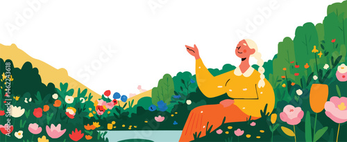 A serene illustration of a woman enjoying the beauty of a blossoming garden, conveying a sense of peace and contentment.