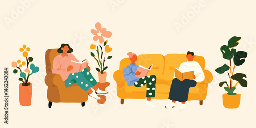 Embrace the comforting simplicity of a peaceful home as individuals immerse themselves in the pages of a good book, surrounded by the gentle presence of indoor plants. A scene of tranquil leisure.