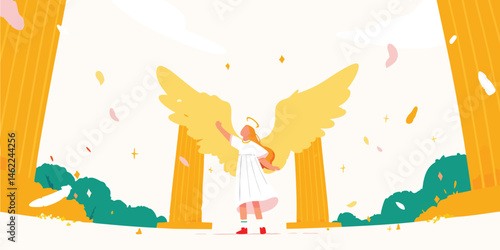 An ethereal angel graces the heavenly gates, her presence radiating serenity amidst the golden architecture and vibrant colors. A symbol of purity, guidance, and heavenly grace.