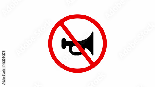 Don't honk icon illustration. A silhouette of a trumpet with a crossed out red circle.