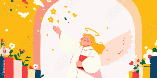 An angelic illustration depicts a serene scene of benevolence and grace. A celestial figure, adorned with a halo and wings, spreads joy, surrounded by symbols of peace and prosperity. The warm.