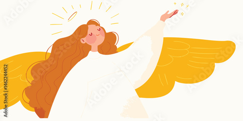 Angelic woman with golden wings, halo, and flowing auburn hair, extending her hand in a gesture of grace and blessing.