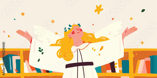 An angelic illustration girl joyfully celebrates, arms outstretched, among a cascade of glittering stars against a backdrop of bookshelves. Capturing innocence and a sense of wonder.