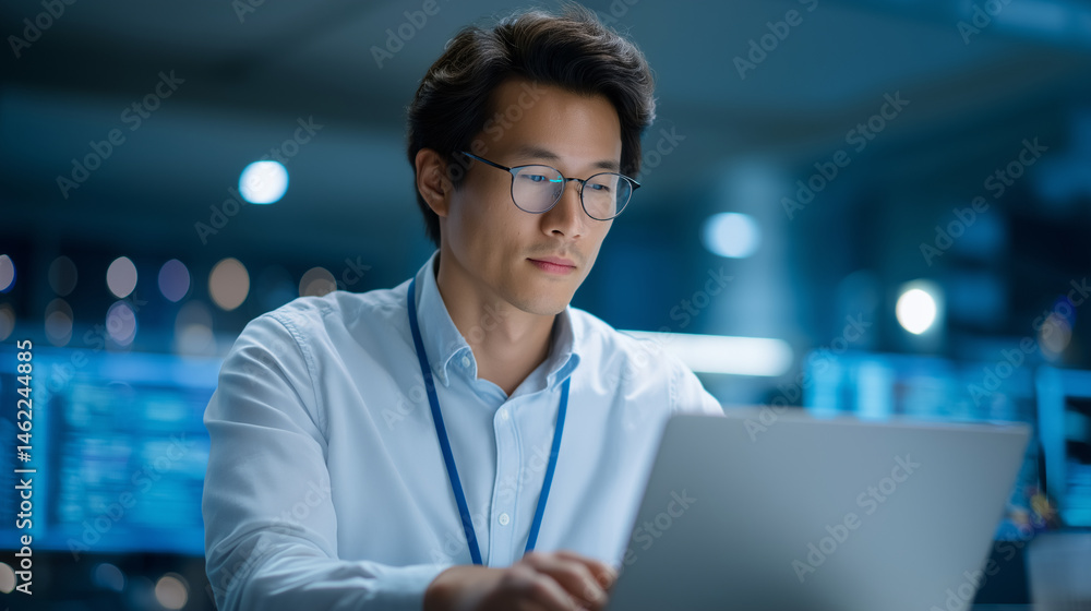 Fototapeta premium Futuristic office environment with quantum computer and developer