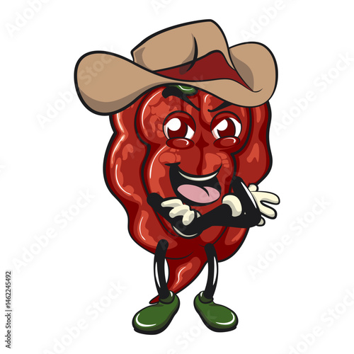 character mascot of a carolina reaper chili cartoon vector isolated clip art illustration wearing a cowboy hat, work of hand drawn