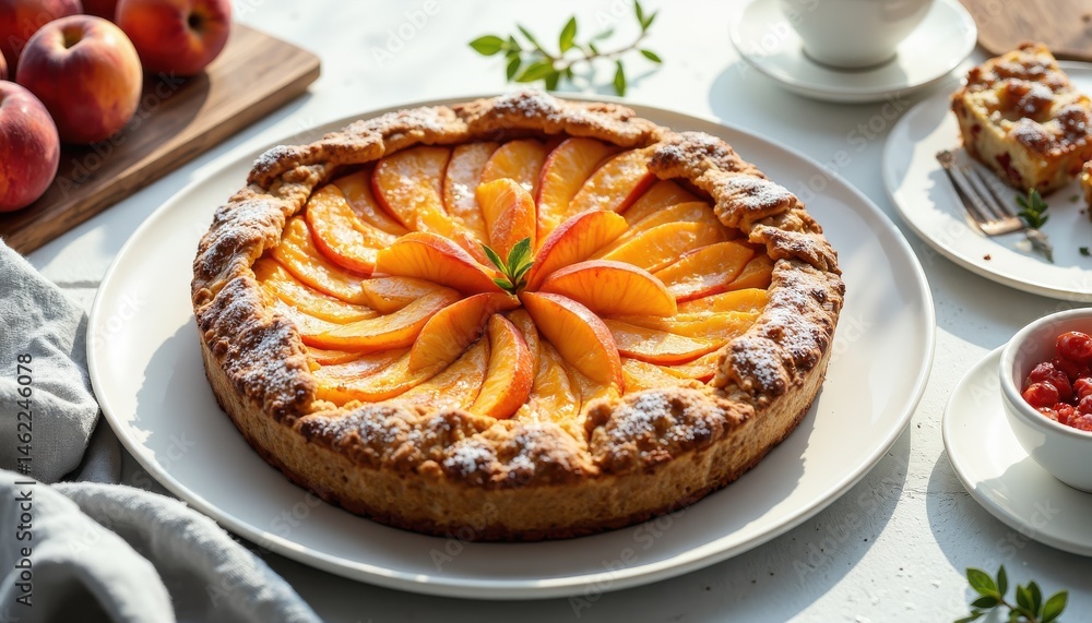 Delicious peach galette recipe kitchen table food photography bright natural light close-up culinary creativity Delicious peach galette recipe kitchen table food photography bright natural light close-up culinary creativity