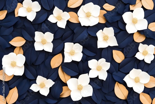 White paper flowers and gold leaves on a dark blue background