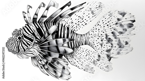 black and white lionfish drawing on white background clip art preview
