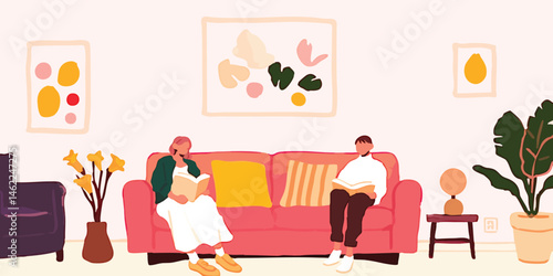 Cozy moment of individuals lost in books amidst an artful living room. Depicts the calm, comfortable ambiance. 