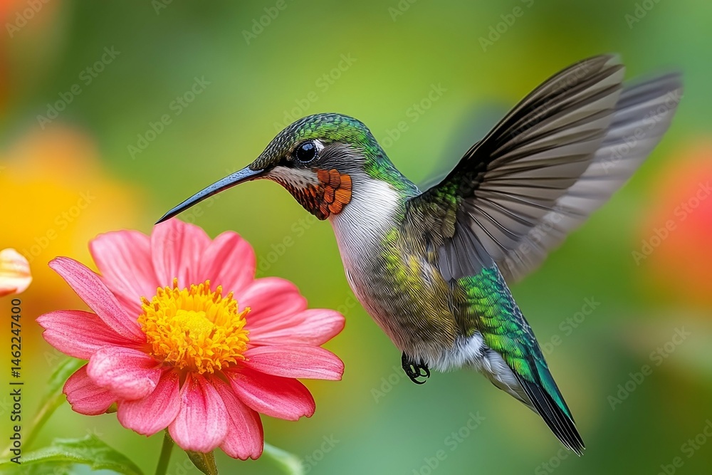 Fototapeta premium A Hummingbird's Flight Amongst Blooming Petals