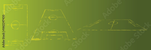 Soccer ball in goal. Goal net. Soccer border on green football grass field. Vector stadium, supporters background. wk, ek sport finale, sports game. Street ball. Playground 2025. 2026, 2027