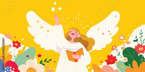 A radiant angel, rendered in an illustration, embodies serenity amidst a vibrant, animated floral backdrop, its celestial form guiding attention towards a message of hope. 