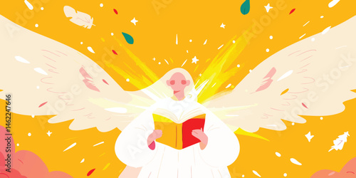 A heavenly angel, adorned with radiant wings and a divine glow, reads from a sacred book amidst a backdrop of soft light and symbolic elements. A serene illustration of faith and spirituality.