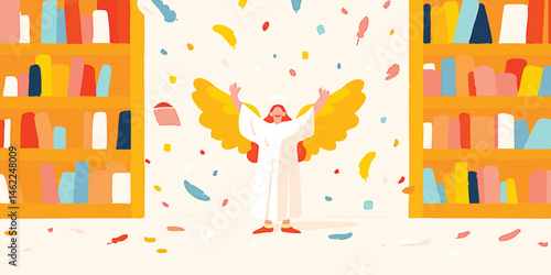A heavenly librarian celebrates surrounded by literature. Illustrative and bright.