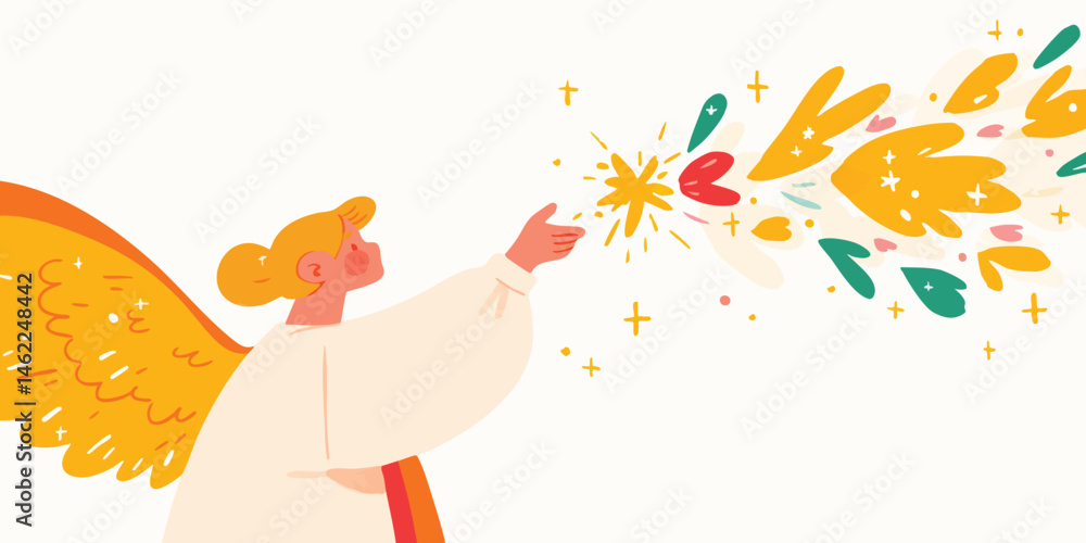 Obraz premium An ethereal angel with vibrant wings, extends a hand towards a radiant burst of colors, a whimsical illustration of peace and blessing.