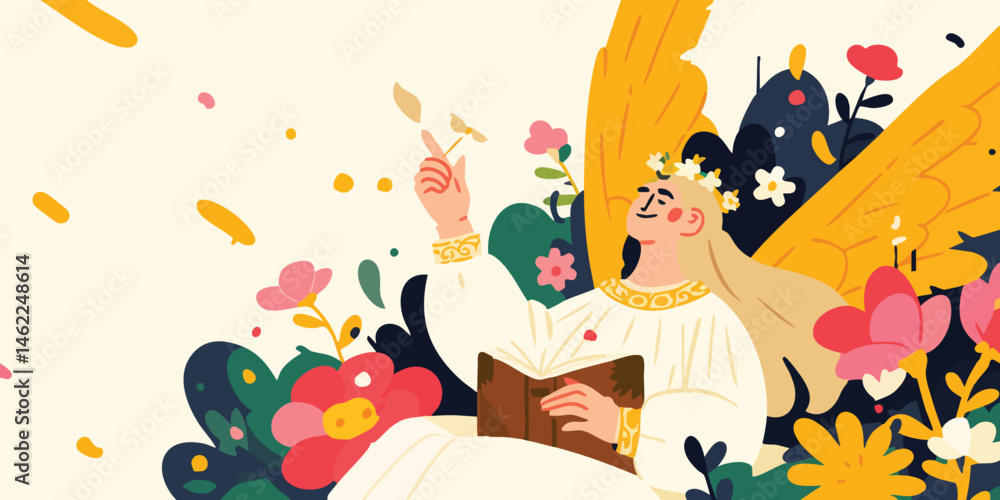 Fototapeta premium An angelic figure, adorned with radiant golden wings, rests amidst a vibrant tapestry of blooming flowers, gracefully holding a book in a beautiful and dreamlike scene.