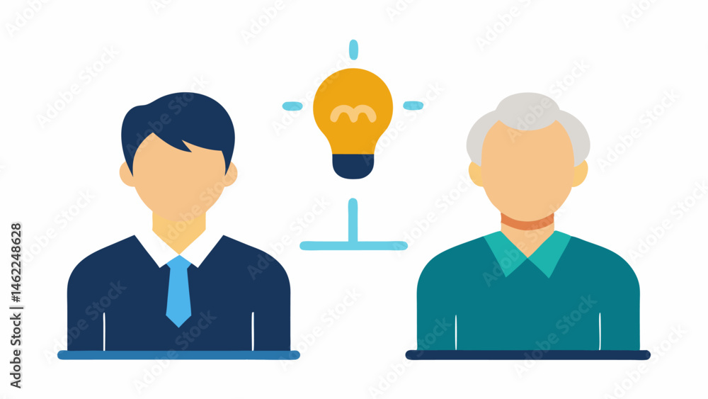 Mentorship Connection A pairing of a senior professional guiding a junior individual from a different background with a light bulb icon representing knowledge sharing. Mentorship Connection A pairing of a senior professional guiding a junior individual from a different background with a light bulb icon representing knowledge sharing.