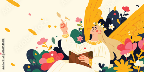 An angelic figure, adorned with radiant golden wings, rests amidst a vibrant tapestry of blooming flowers, gracefully holding a book in a beautiful and dreamlike scene.