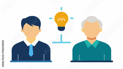 Mentorship Connection A pairing of a senior professional guiding a junior individual from a different background with a light bulb icon representing knowledge sharing.