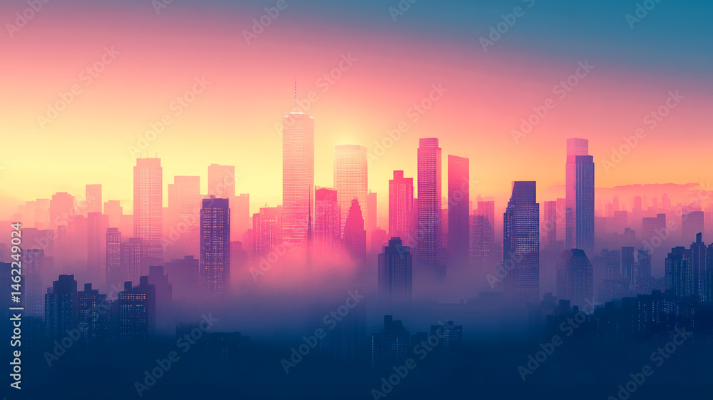 Beautiful panoramic view of the city skyline with skyscrapers in the fog at sunrise Beautiful panoramic view of the city skyline with skyscrapers in the fog at sunrise