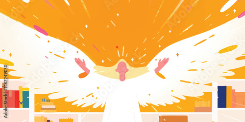 A celestial being, a woman with outstretched wings, radiates light and joy in this surreal illustration, representing empowerment, hope, and divine presence.