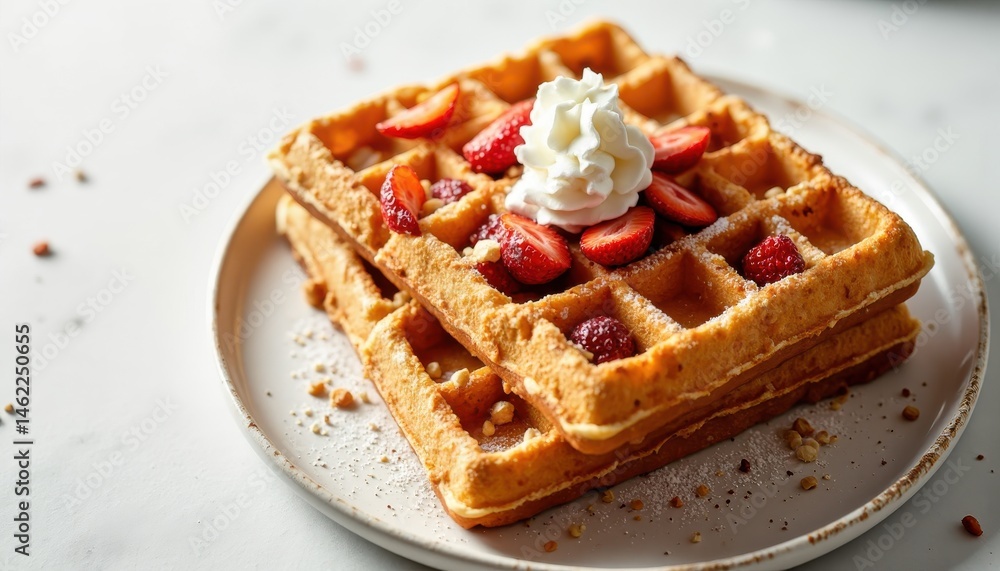 Delicious waffles topped with fresh strawberries and cream cozy kitchen food photography bright ambiance close-up view Delicious waffles topped with fresh strawberries and cream cozy kitchen food photography bright ambiance close-up view