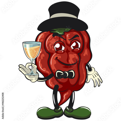 character mascot of a carolina reaper chili cartoon vector isolated clip art illustration wearing hat and bow tie raising a wine glass, work of hand drawn