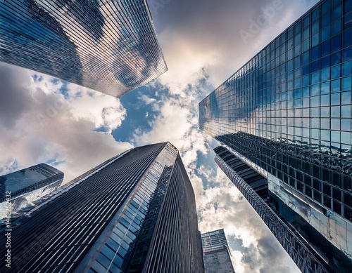 upward view of modern skyscrapers against a cloudy sky photo