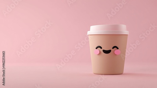 Cartoon coffee cup smiles against a pastel pink background, creating a simple and cheerful image!