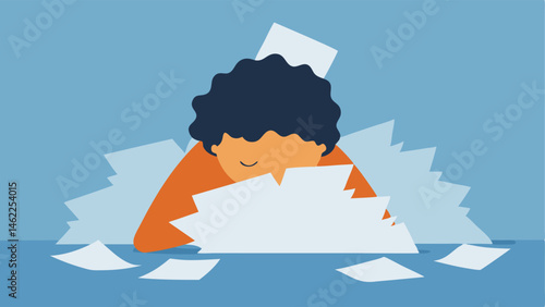 Exhausted Under Pressure A person is illustrated halfburied under an enormous pile of papers with only their head visible above the clutter. Their hair is slightly disheveled and
