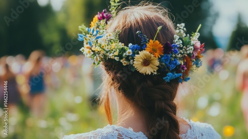 Woman with flower crown in outdoor festival setting