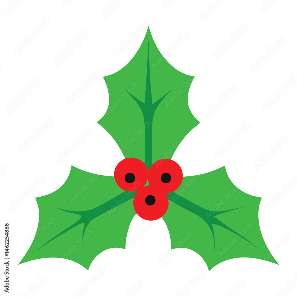 Christmas Holly Leaves with Red Berries – Flat Vector Icon Christmas Holly Leaves with Red Berries – Flat Vector Icon
