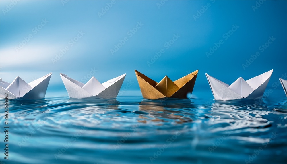 Obraz premium close up of a single paper boat turning sharply in water while others proceed straight symbolizing adaptability and change in business