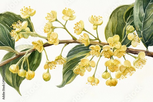 Fototapeta Naklejka Na Ścianę i Meble -  Beautiful botanical art featuring freshly blooming linden flowers in delicate watercolor.