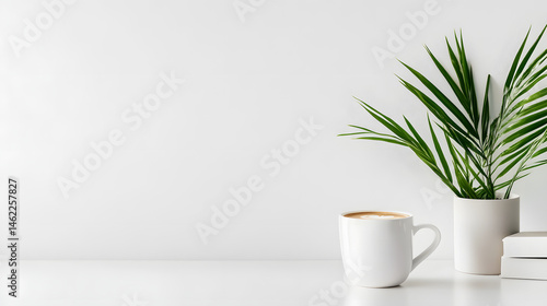 Wallpaper Mural A minimalist workspace featuring a clean desk, coffee cup, and a potted plant in a serene office environment. Torontodigital.ca
